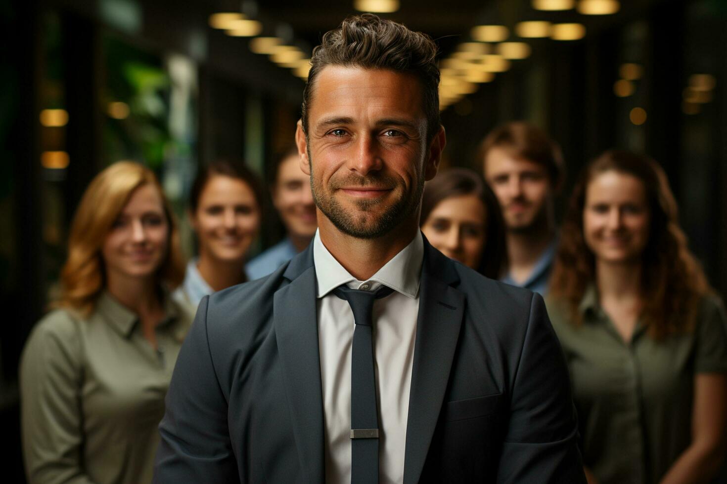 Ai Generative group of happy business man and business women, dressed in suits are smiling, in the office photo