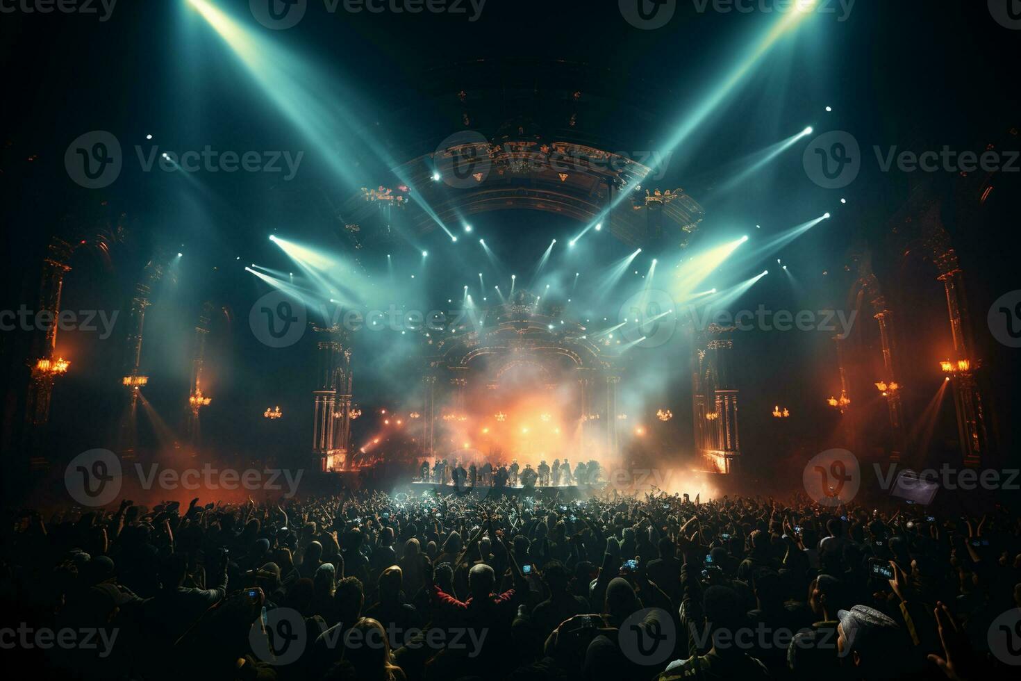 Ai generative Crowded Concert Stage Scenery With Spotlights and Colored Lights realistic image, ultra hd photo