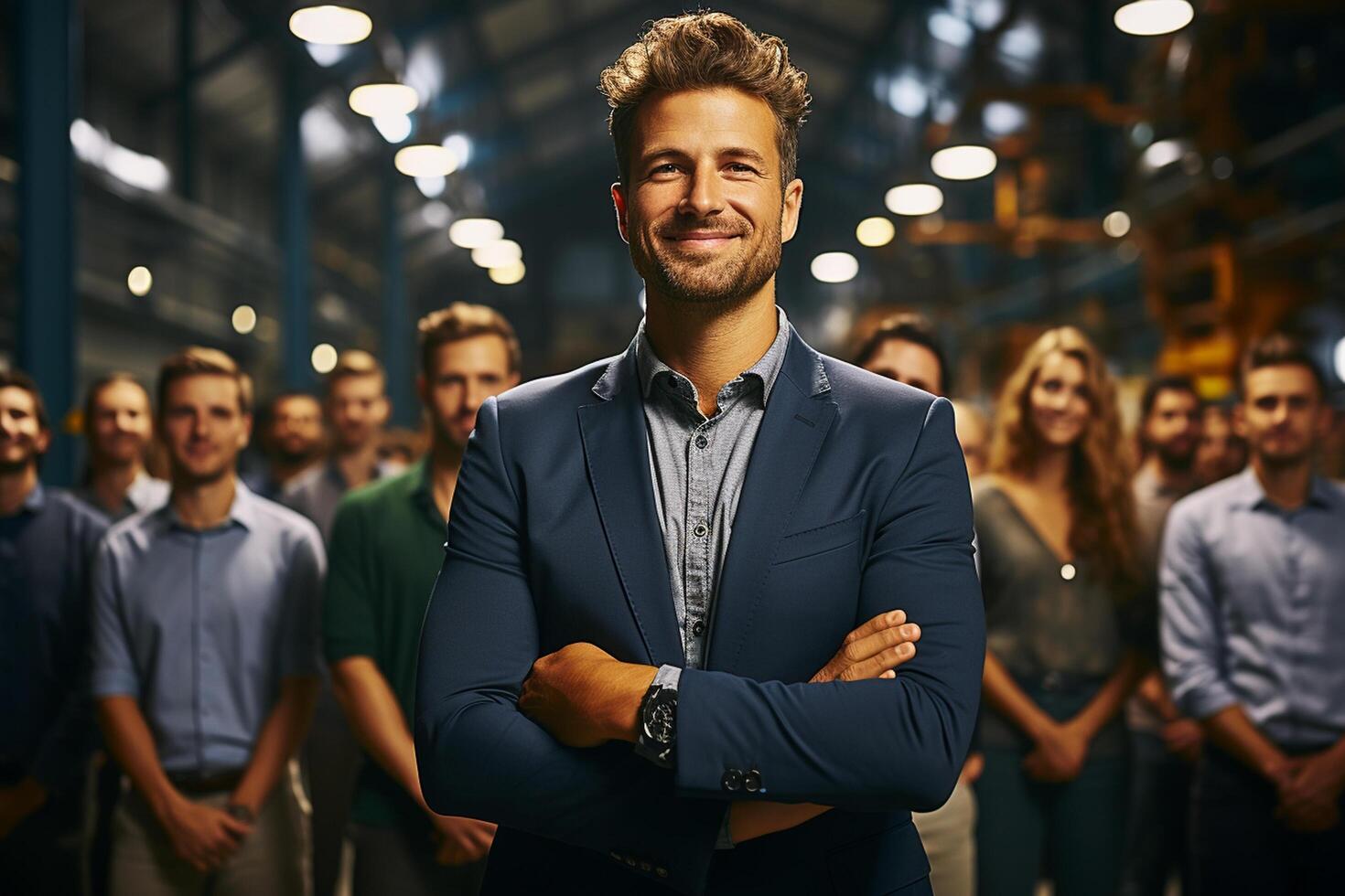 Ai Generative group of happy business man and business women, dressed in suits are smiling, in the office photo