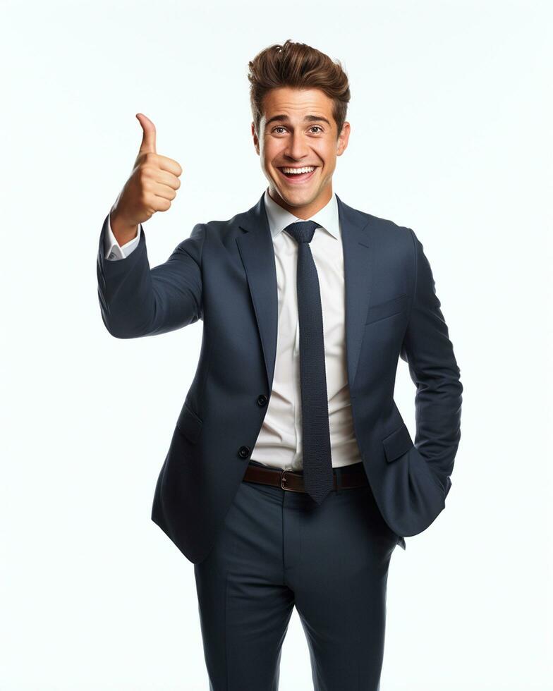 Ai generative photo business concept portrait of excited man dressed in formal wear giving thumbs up