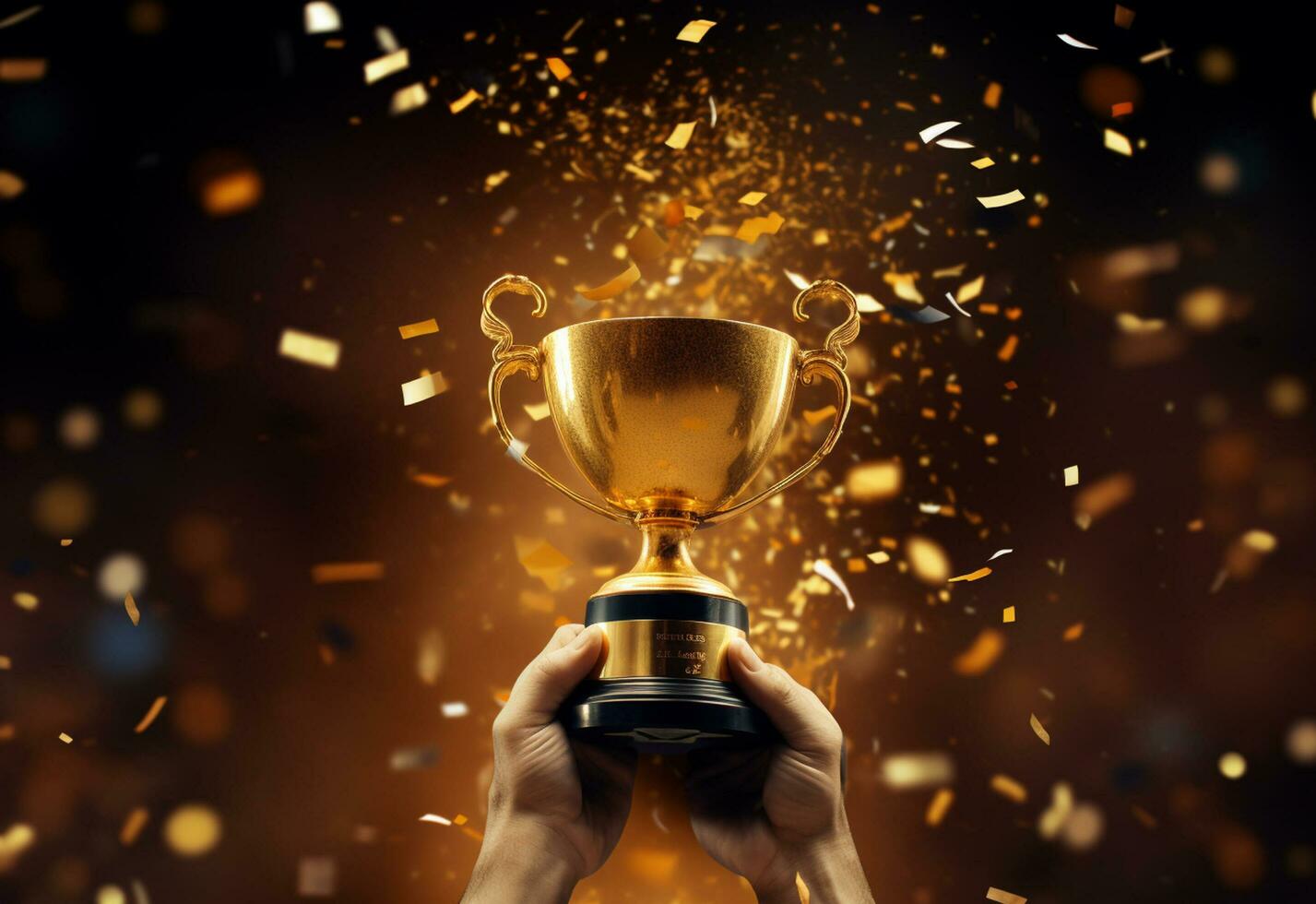 Ai generative Hand holding gold trophy cup with confetti. celebrating with trophy award for success realistic photo