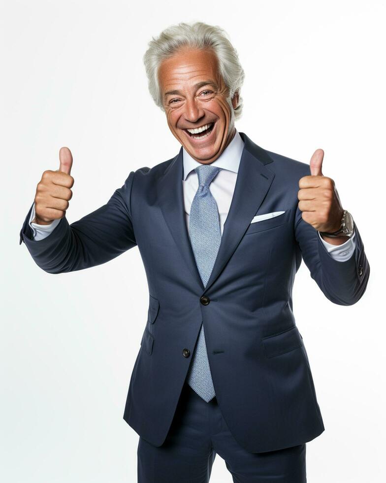 Ai generative photo business concept portrait of excited man dressed in formal wear giving thumbs up