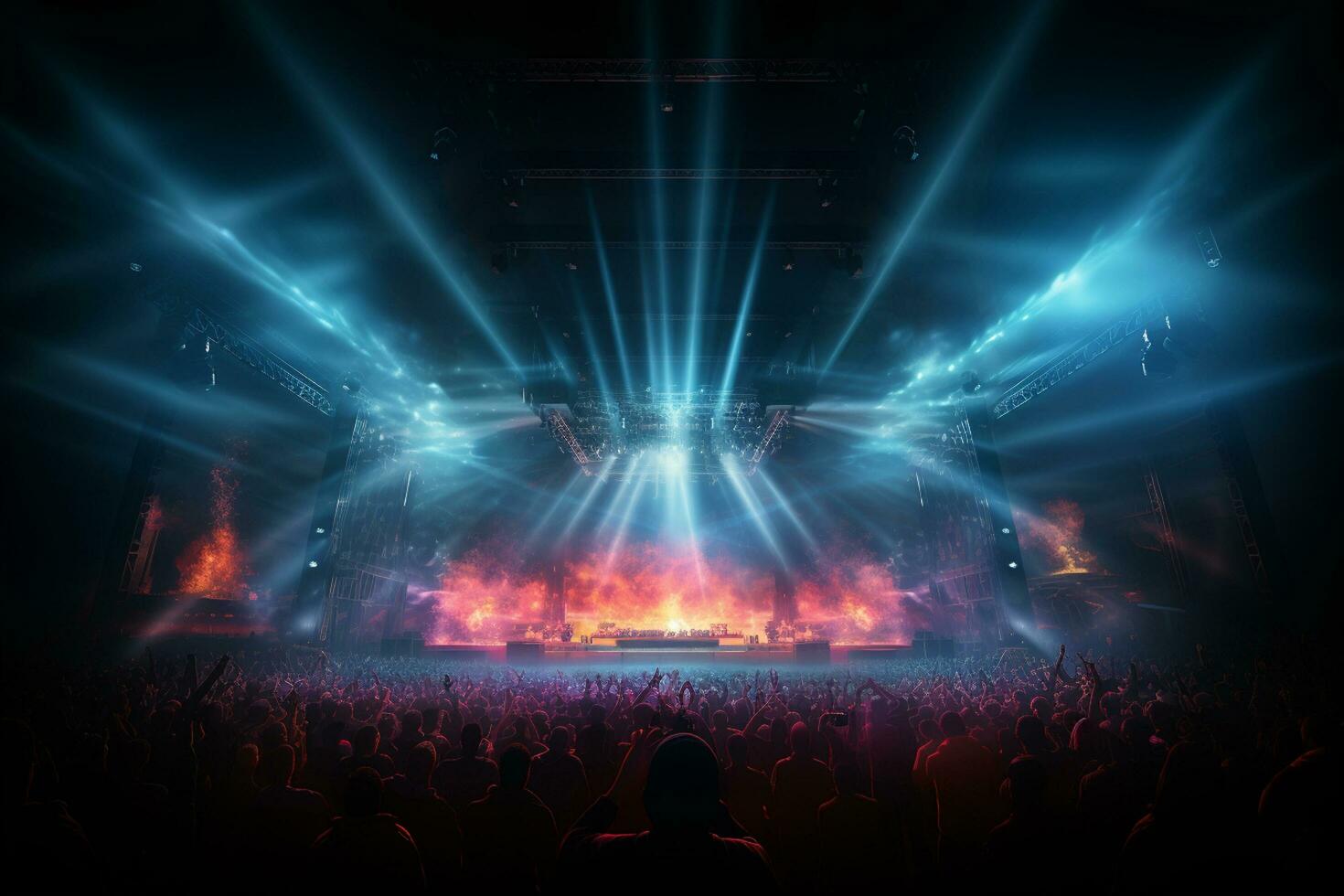 Ai generative Crowded Concert Stage Scenery With Spotlights and Colored Lights realistic image, ultra hd photo