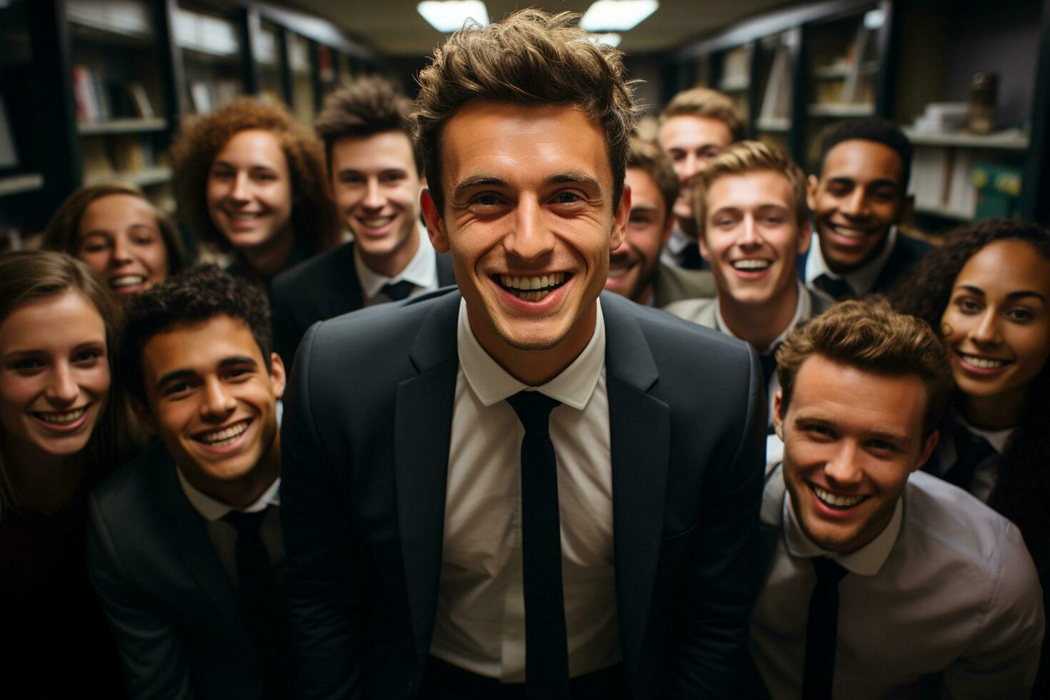 Ai Generative group of happy business man and business women, dressed in suits are smiling, in the office photo