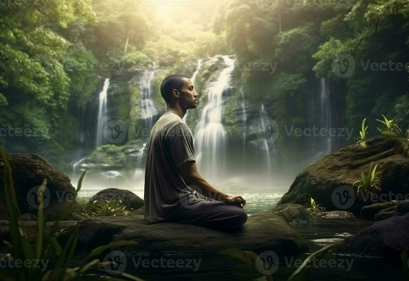 ai generativo foto de un hombre practicando atención plena y meditación en un pacífico natural ambiente sony a7s realista imagen, ultra alta definición, alto diseño muy detallado