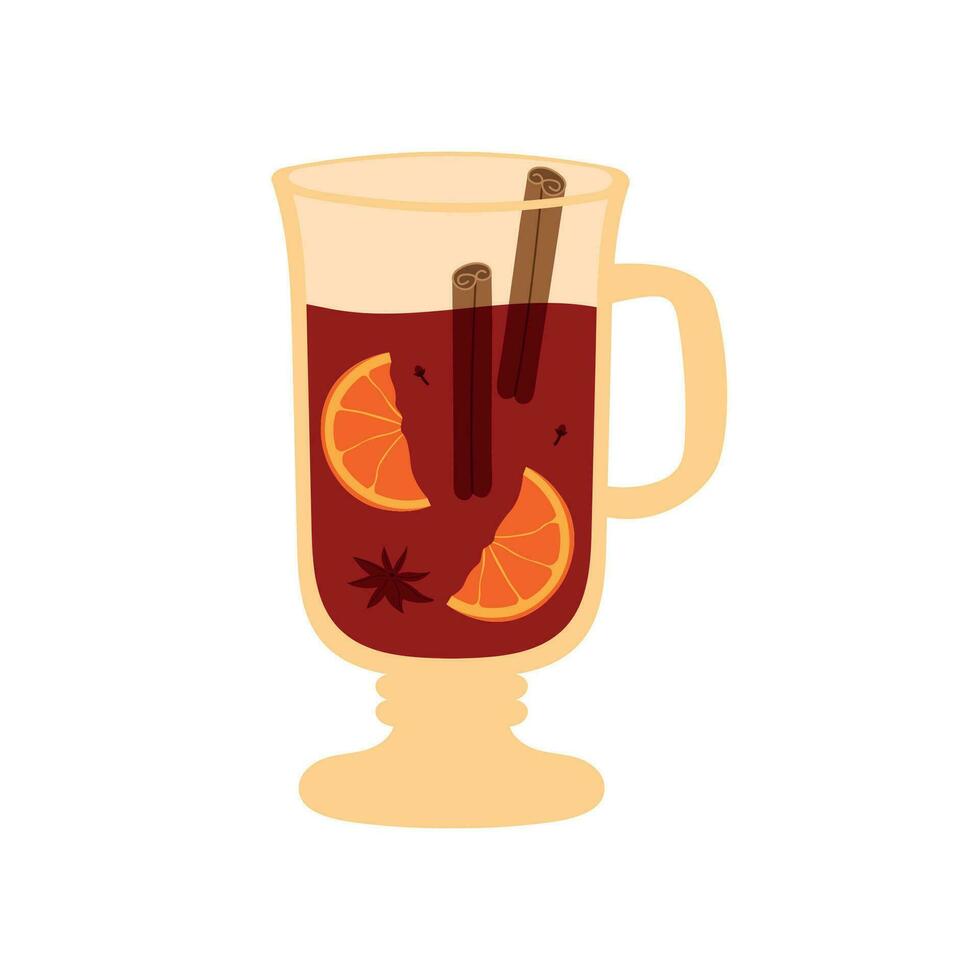 Hot mulled wine in a glass with orange and cinnamon. Vector illustration