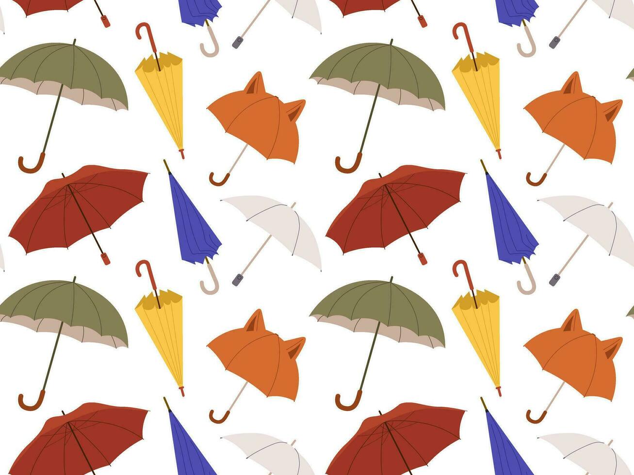 Different Umbrellas in various positions seamless pattern. Open and folded umbrellas. Vector illustration in flat style