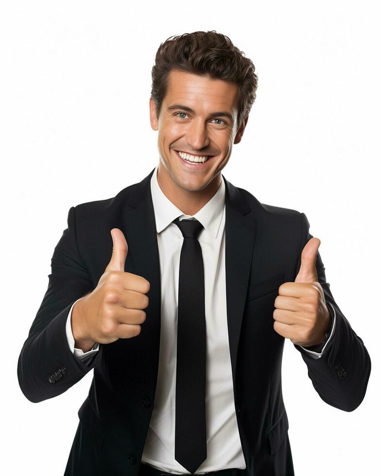 Ai generative photo business concept portrait of excited man dressed in formal wear giving thumbs up