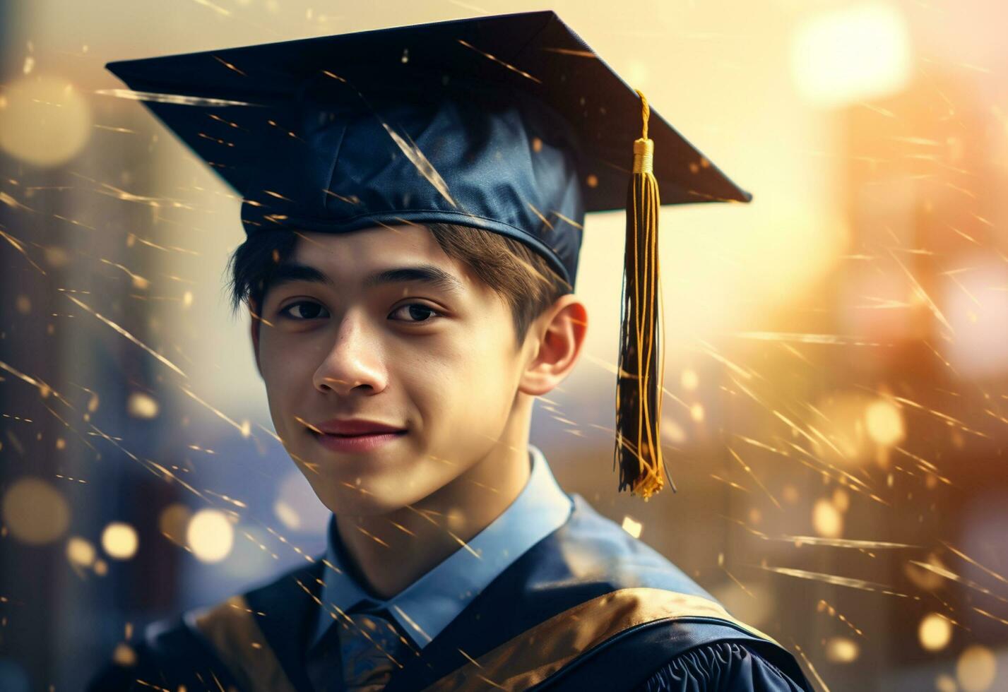 ai generativo doble exposición foto de joven hombre con graduación gorra tecnología antecedentes realista imagen