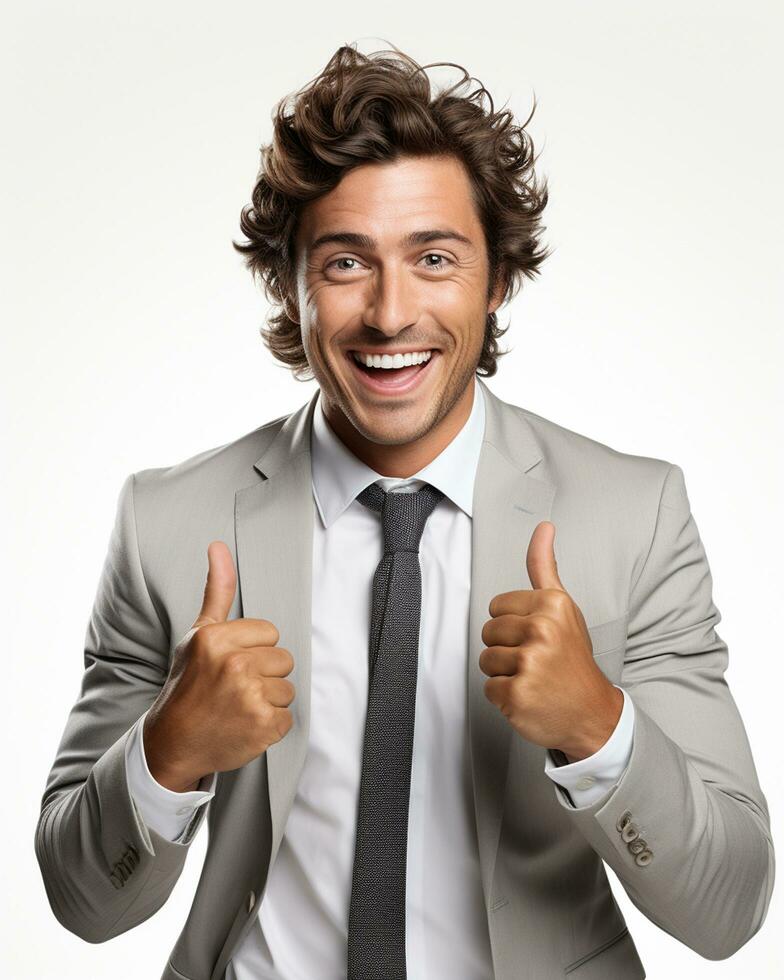 Ai generative photo business concept portrait of excited man dressed in formal wear giving thumbs up