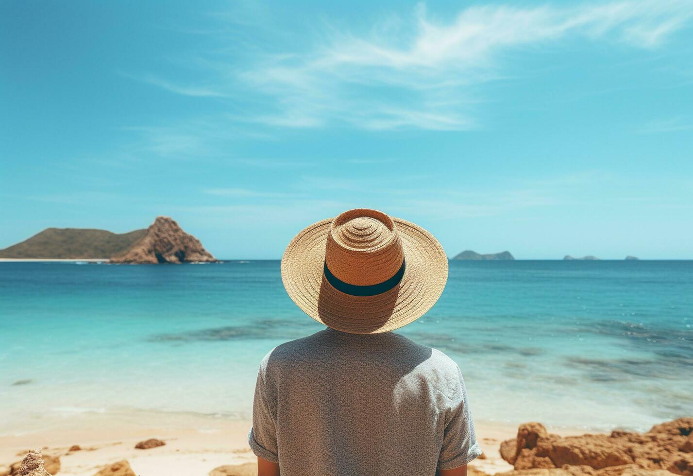 Ai generative back view young tourist man in summer dress and hat standing on beautiful sandy beach. enjoying. photo