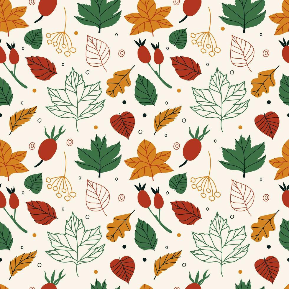 Vector seamless pattern with leaves and berries in cozy colors. hand drawn vector background for scrapbooking, textile or book covers, wallpapers, design, graphic art, printing, hobby, invitation.
