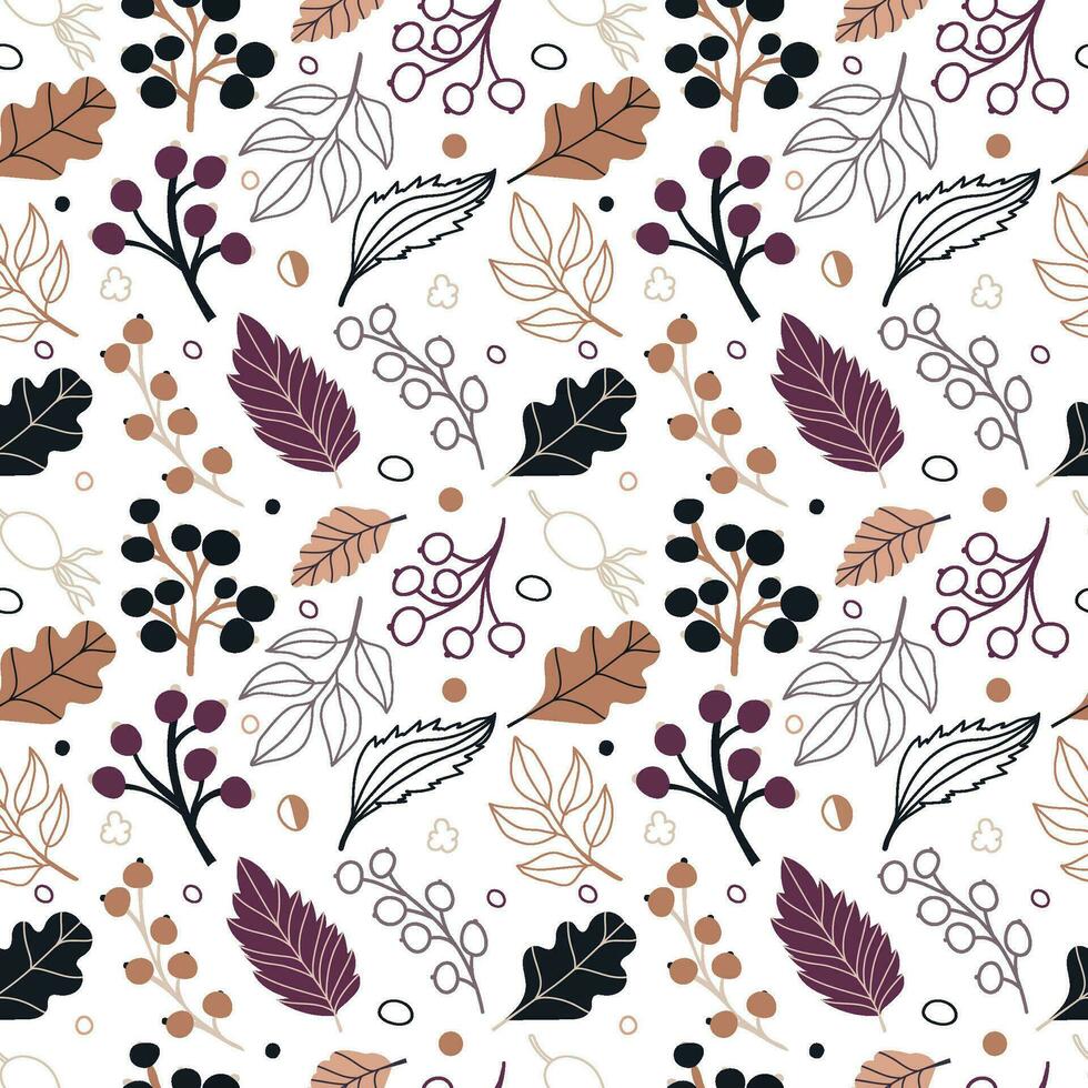Vector seamless pattern with leaves and berries in cozy colors. hand drawn vector background for scrapbooking, textile or book covers, wallpapers, design, graphic art, printing, hobby, invitation.