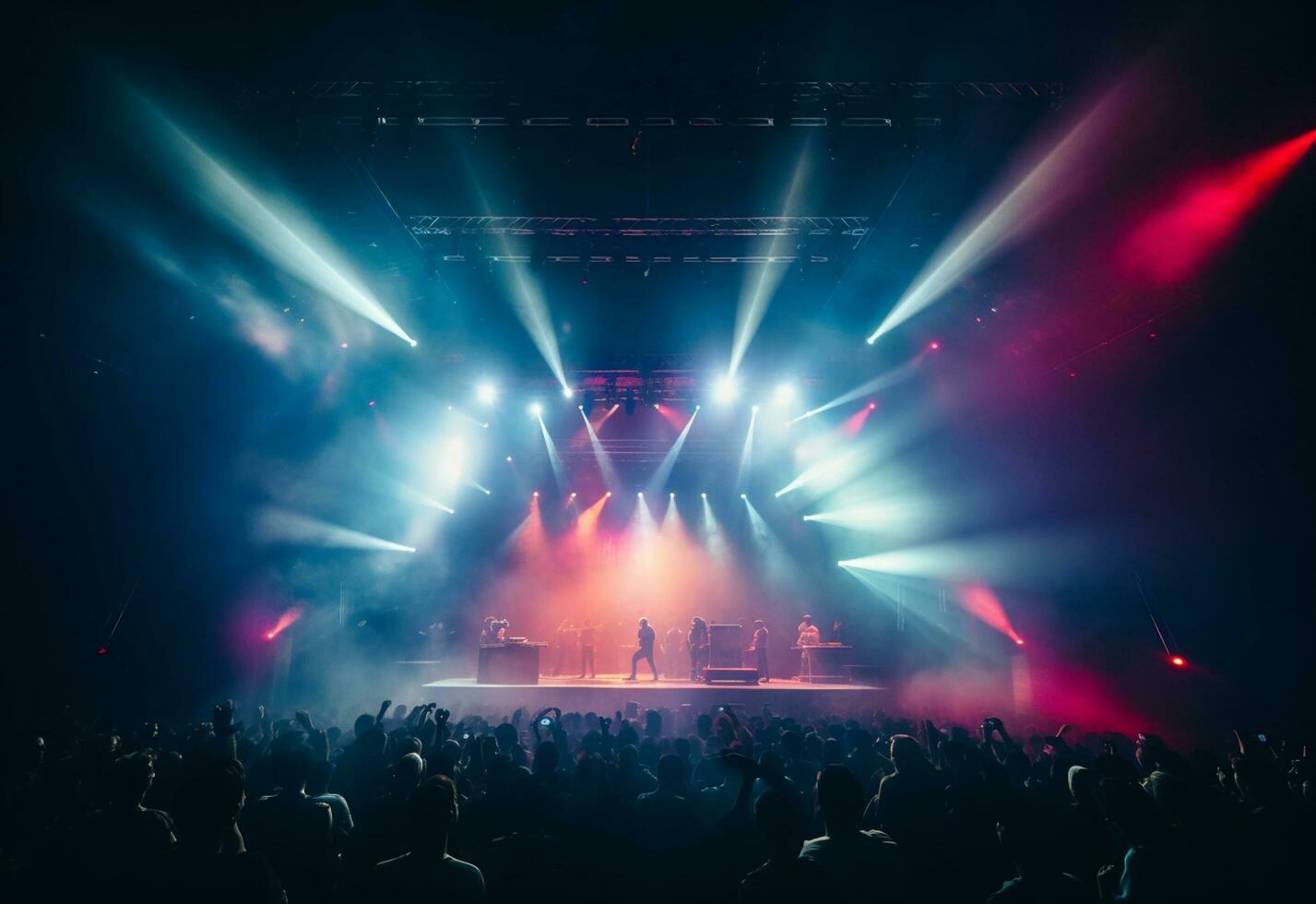 Ai generative Concert Stage Scenery With Spotlights Colored Lights Smoke photo