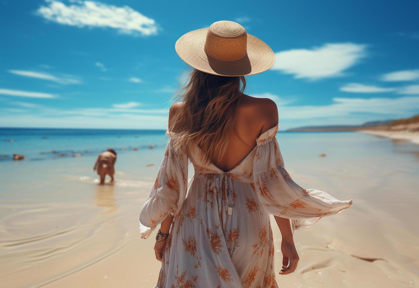 Ai generative young tourist woman in summer dress and hat standing on beautiful sandy beach. Cute girl enjoying photo