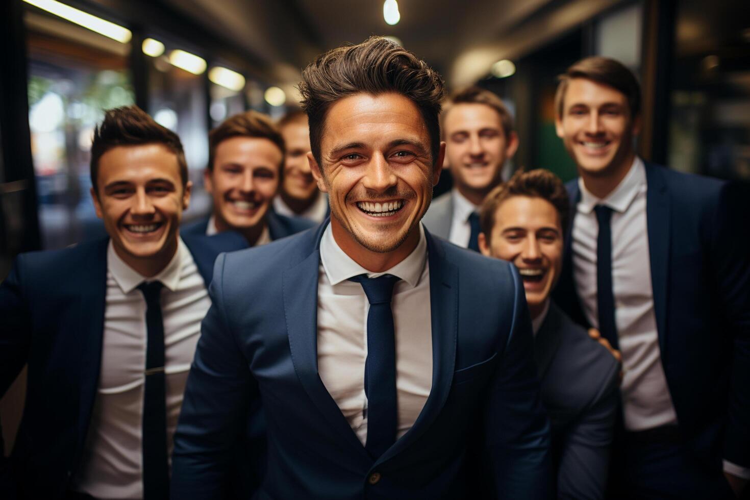 Ai Generative group of happy business man and business women, dressed in suits are smiling, in the office photo