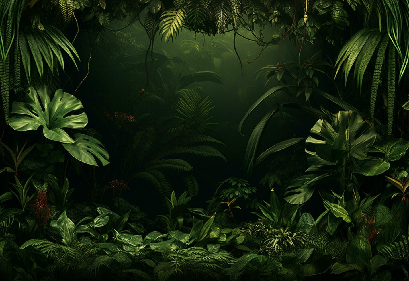 Ai Generative Beautiful jungle background with border made of tropical leaves backdrop with copy space photo