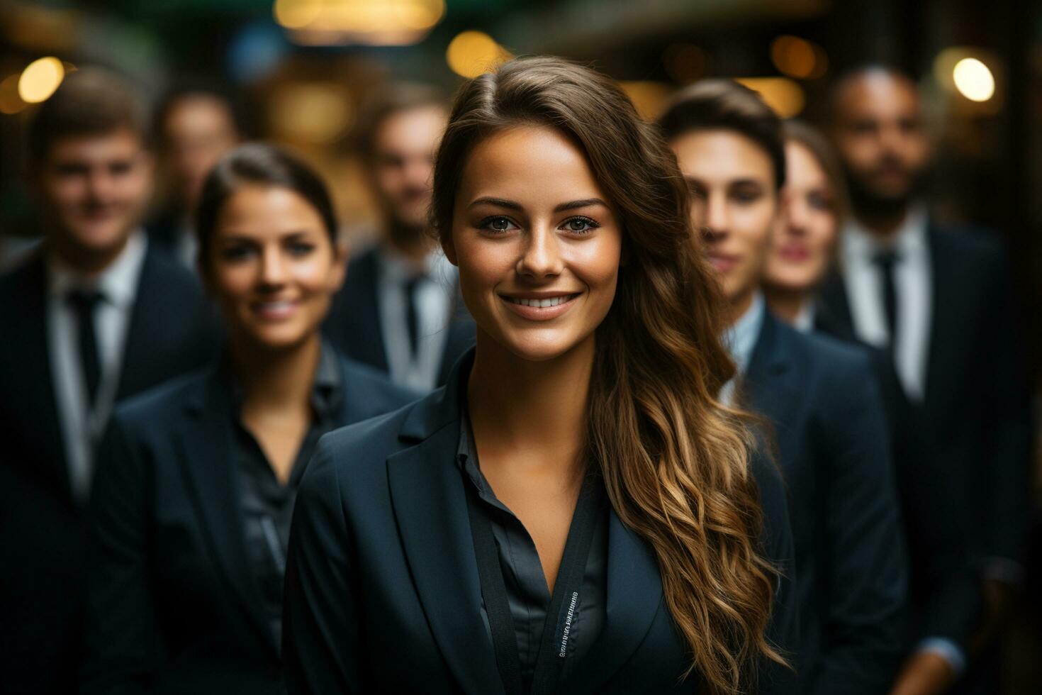 ai generativo grupo de contento negocio hombre y negocio mujer, vestido en trajes son sonriente, en el oficina foto