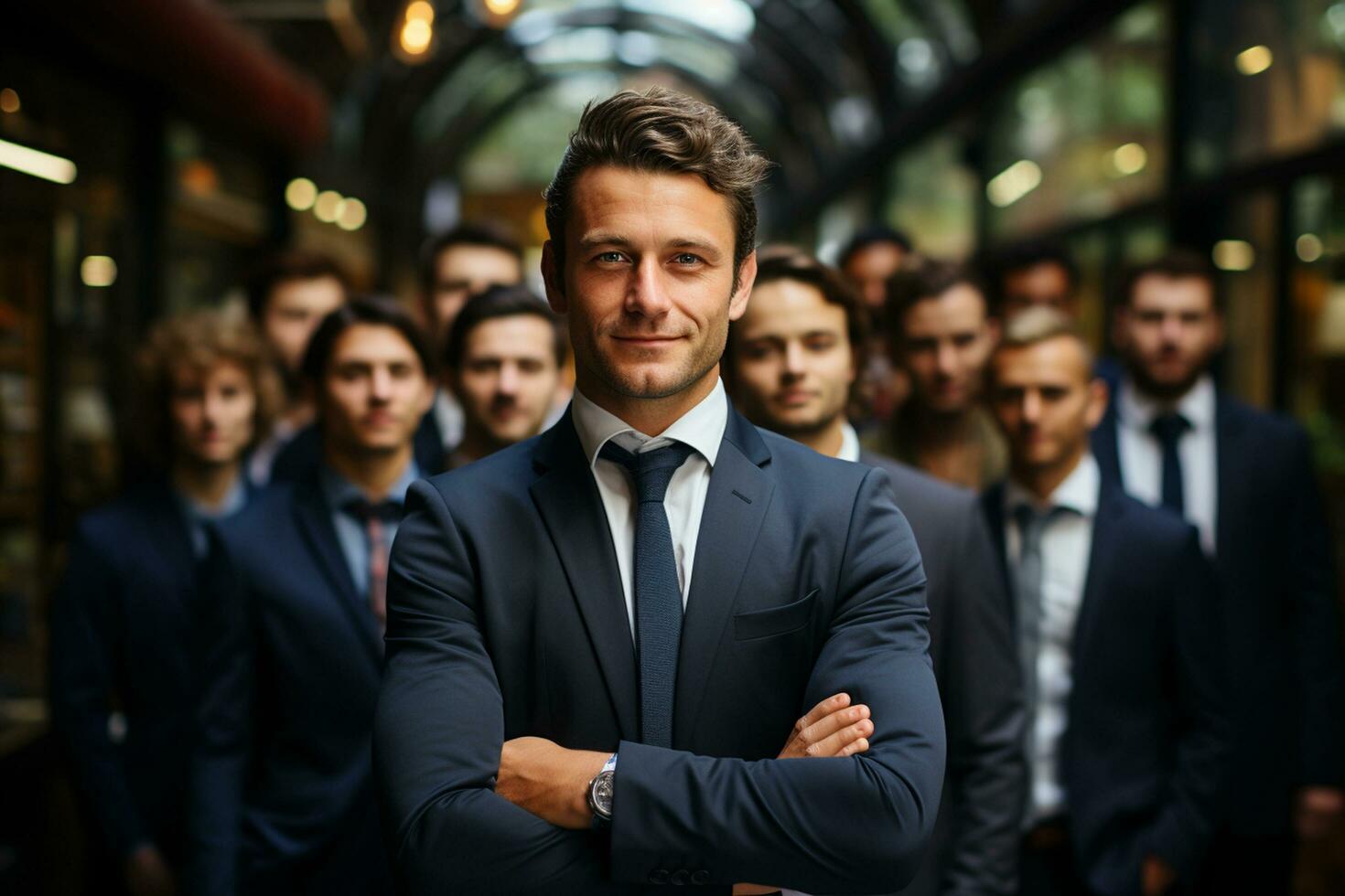 Ai Generative group of happy business man and business women, dressed in suits are smiling, in the office photo