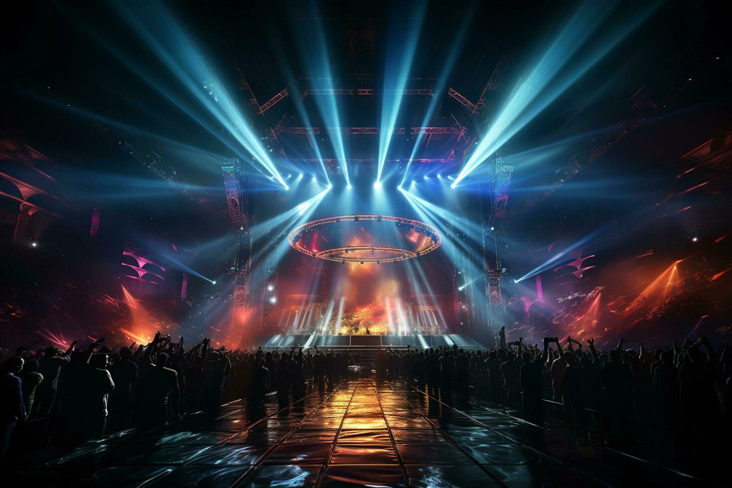 Ai generative Crowded Concert Stage Scenery With Spotlights and Colored Lights realistic image, ultra hd photo