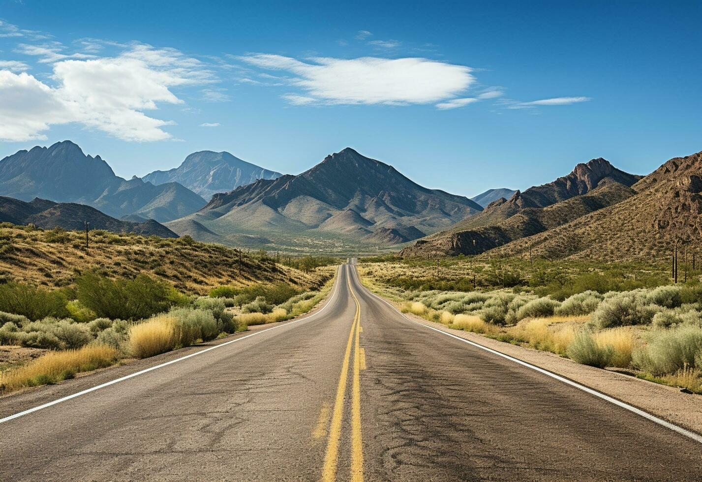 Ai generative Photo Road Clear Sky Desert Mountains Landscape realistic image, ultra hd, high design very detailed