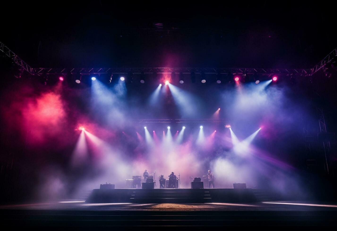 Ai generative Concert Stage Scenery With Spotlights Colored Lights Smoke photo
