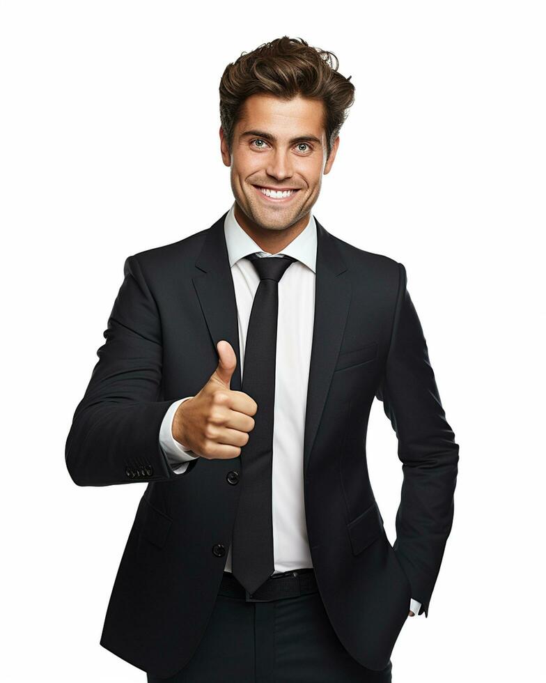 Ai generative photo business concept portrait of excited man dressed in formal wear giving thumbs up