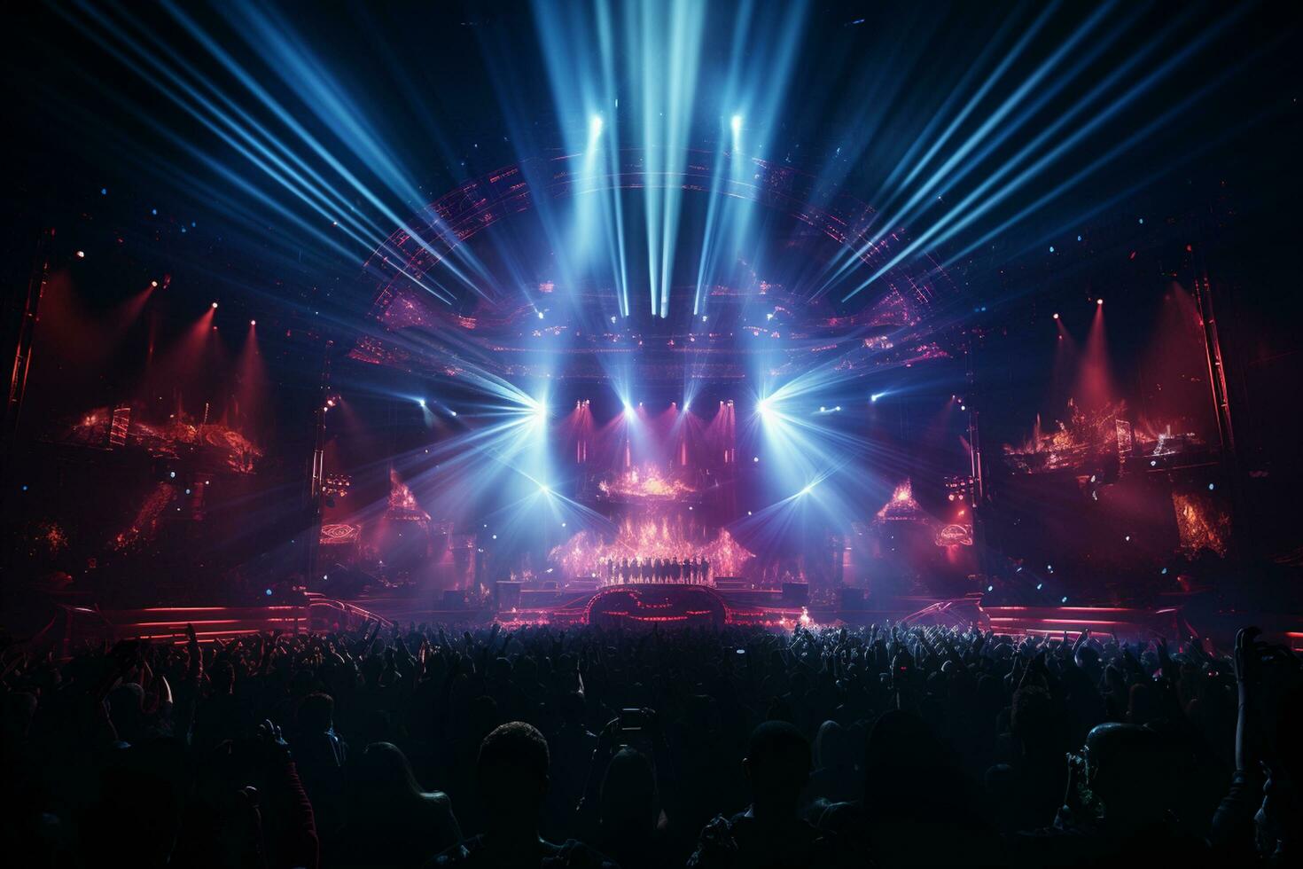 Ai generative Crowded Concert Stage Scenery With Spotlights and Colored Lights realistic image, ultra hd photo