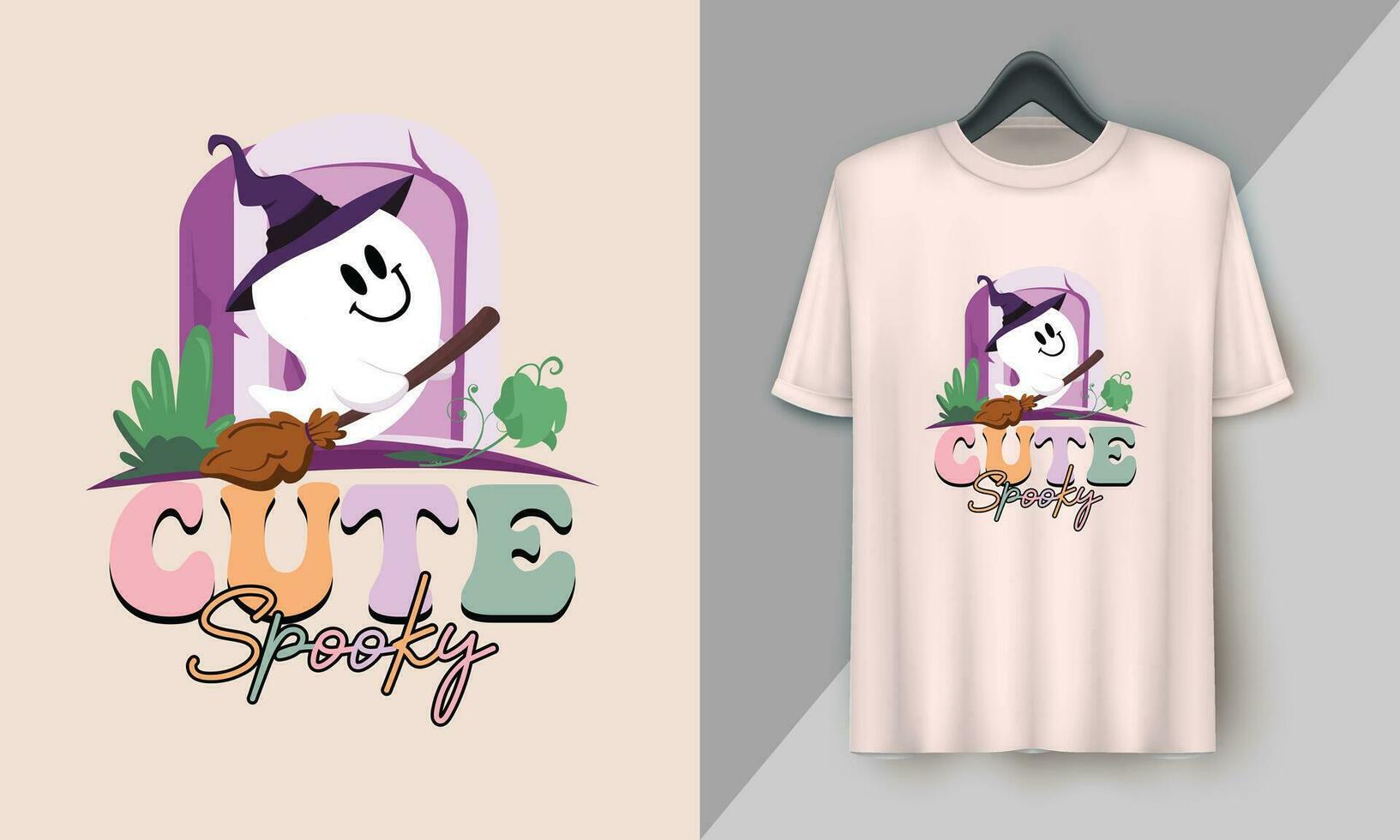 Cute Spooky - Retro Halloween Cute T-shirt Design with groovy style, Boo, Ghost, pumpkin, witch, etc vector