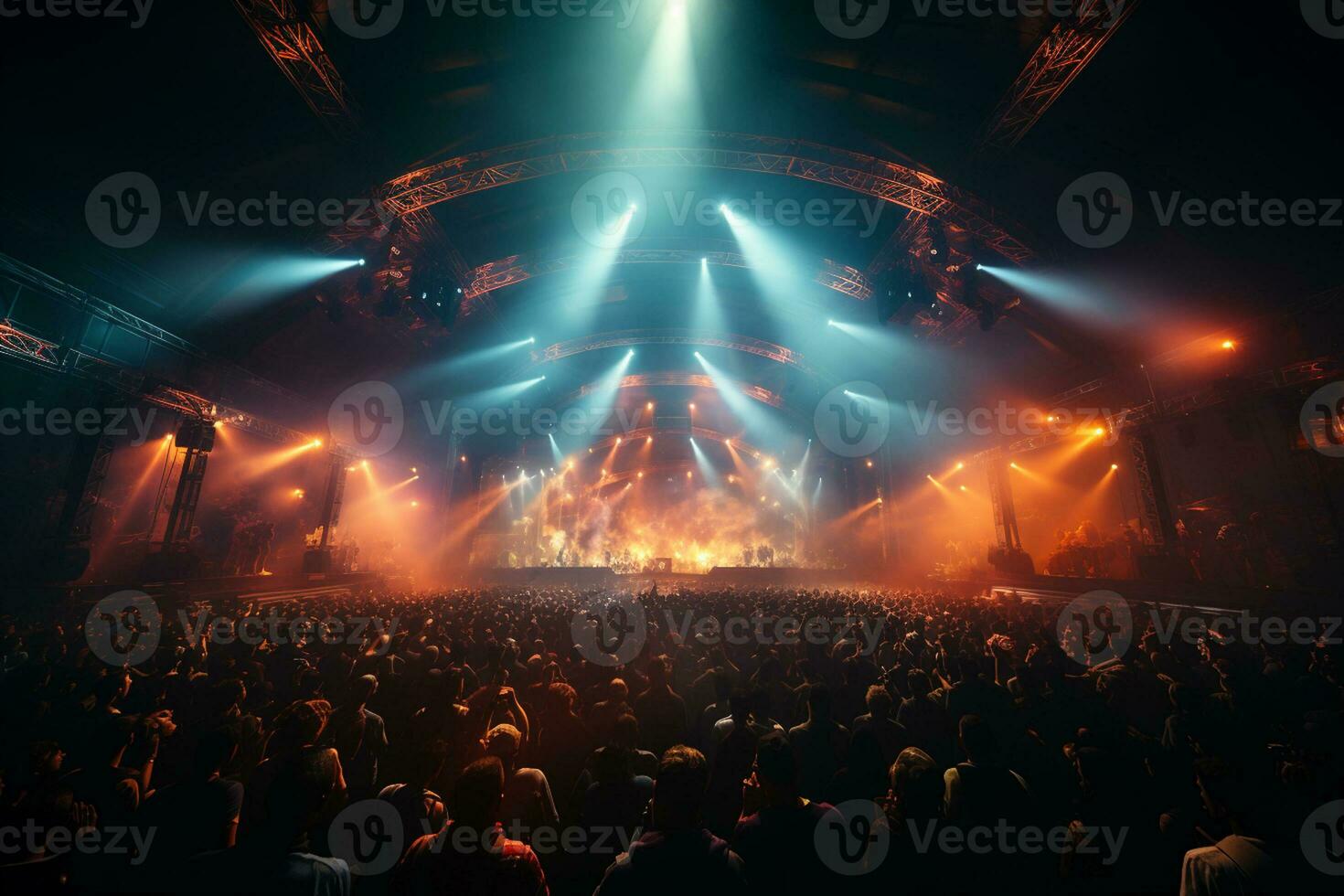 Ai generative Crowded Concert Stage Scenery With Spotlights and Colored Lights realistic image, ultra hd photo