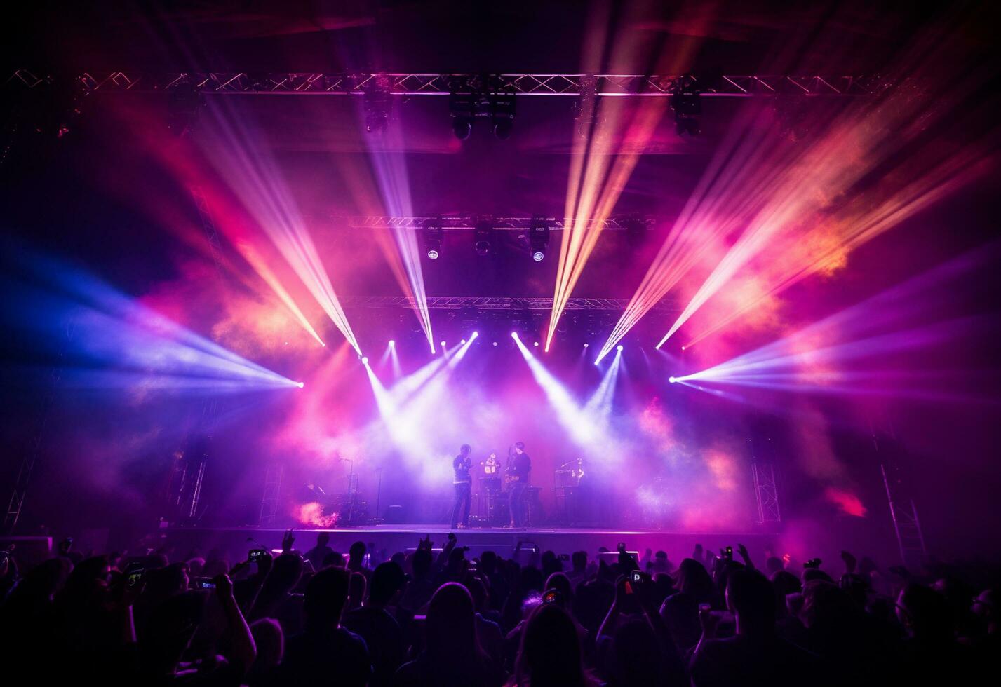 Ai generative Concert Stage Scenery With Spotlights Colored Lights Smoke photo