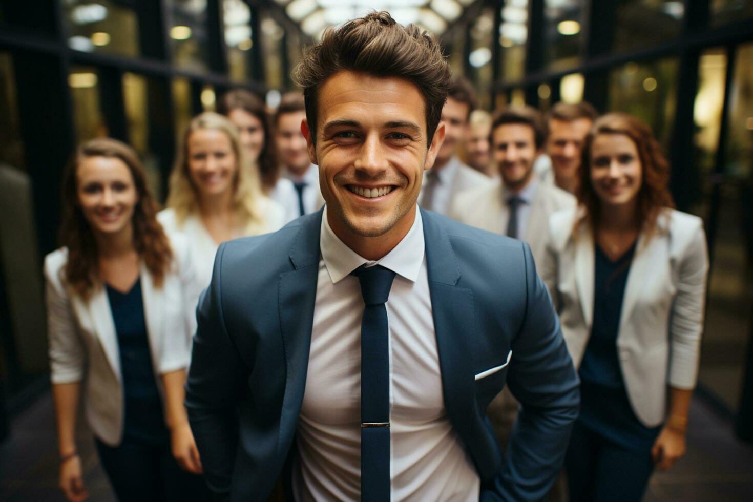 Ai Generative group of happy business man and business women, dressed in suits are smiling, in the office photo