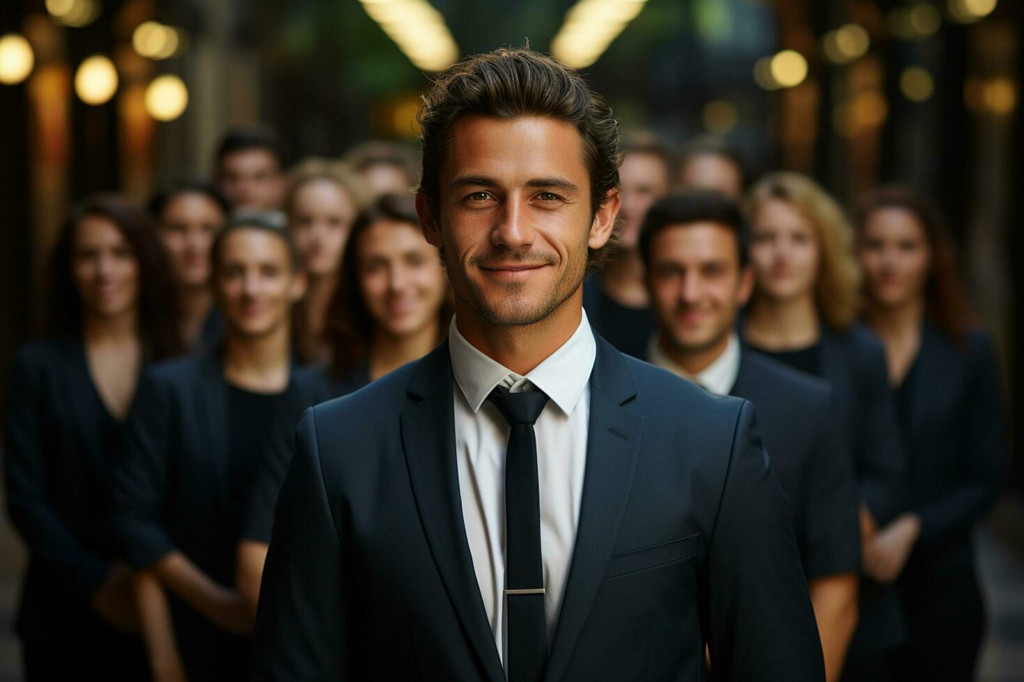 Ai Generative group of happy business man and business women, dressed in suits are smiling, in the office photo