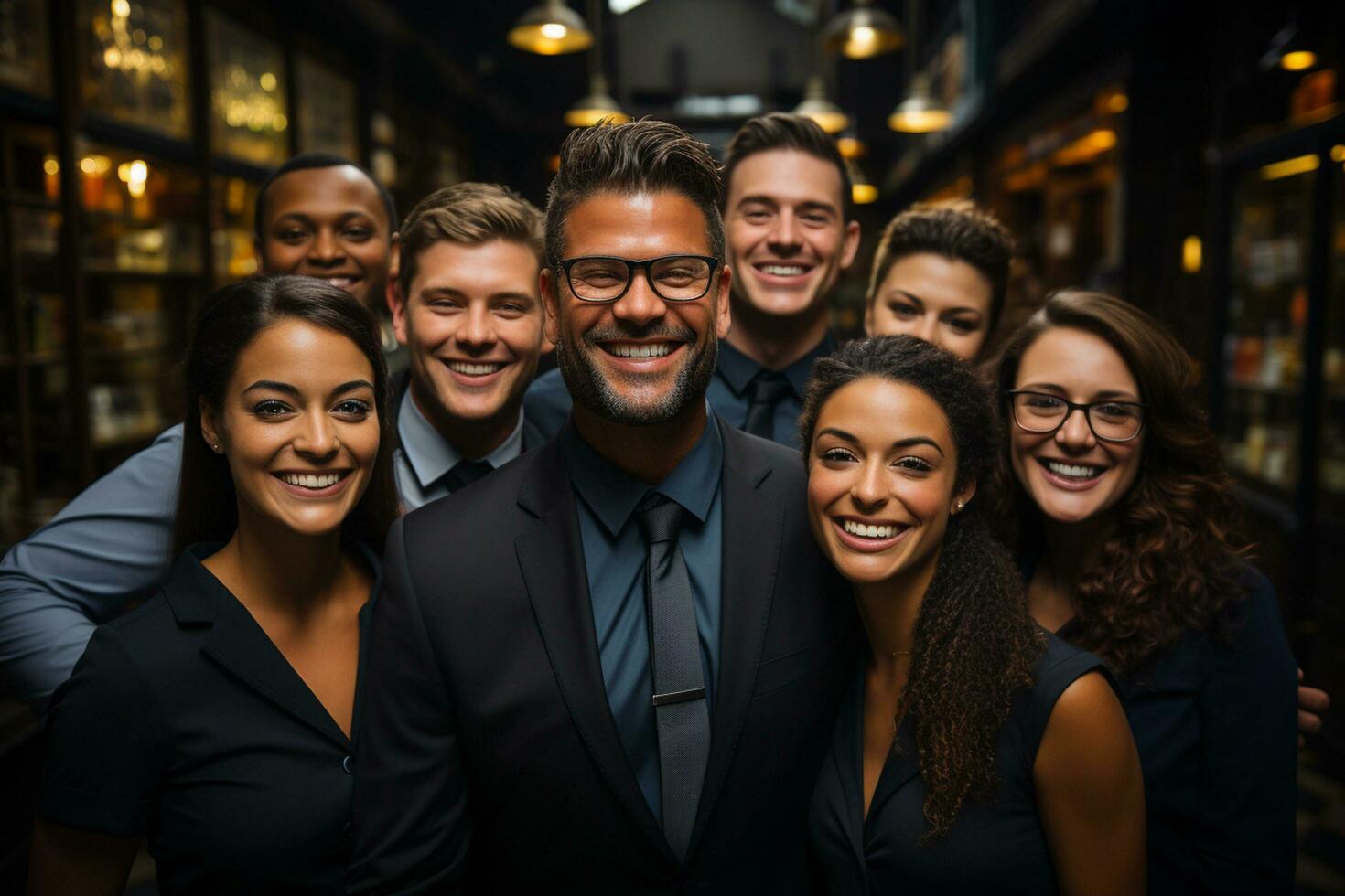 Ai Generative group of happy business man and business women, dressed in suits are smiling, in the office photo