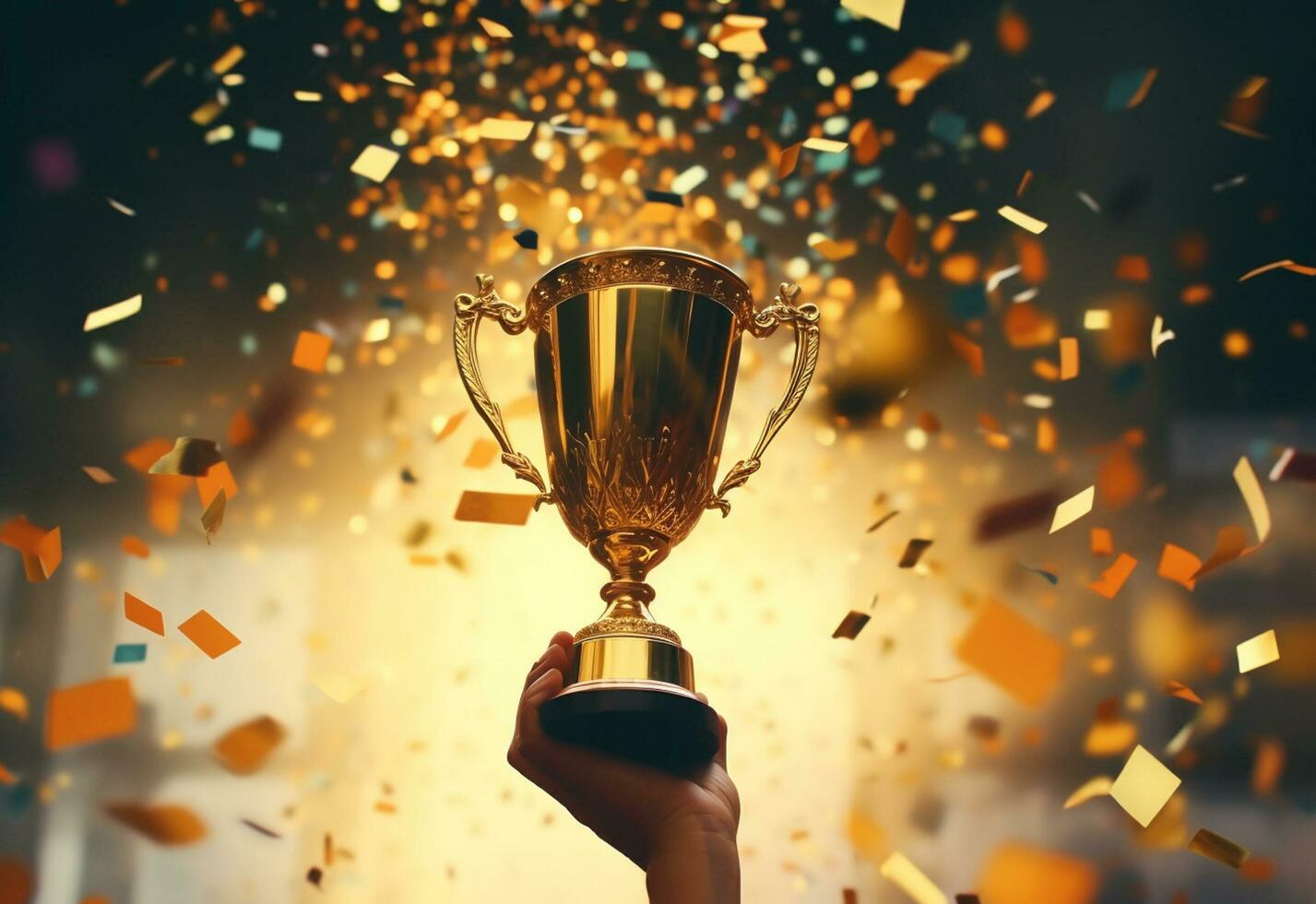 Ai generative Hand holding gold trophy cup with confetti. celebrating with trophy award for success realistic photo