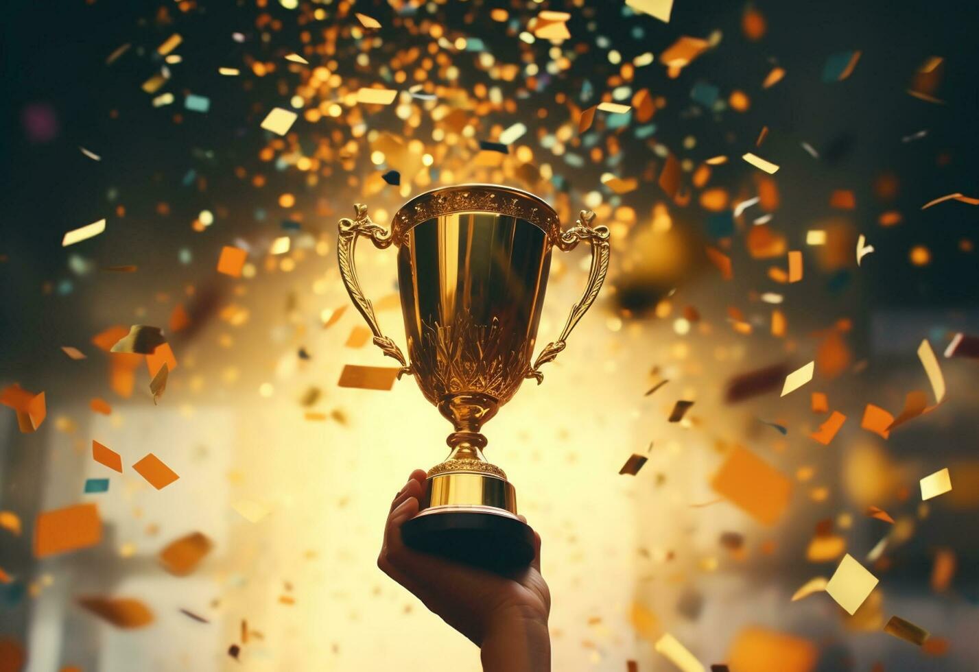 ai generativo mano participación oro trofeo taza con papel picado. celebrando con trofeo premio para éxito realista foto