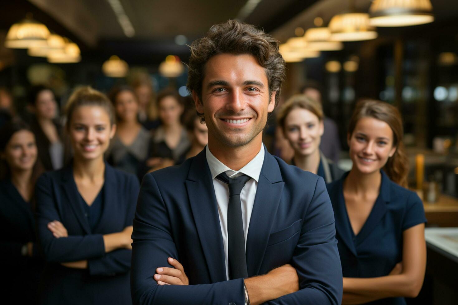 Ai Generative group of happy business man and business women, dressed in suits are smiling, in the office photo
