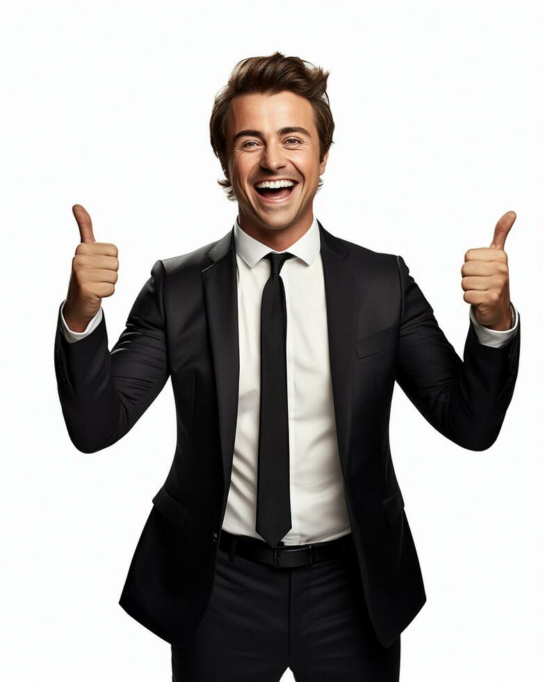 Ai generative photo business concept portrait of excited man dressed in formal wear giving thumbs up