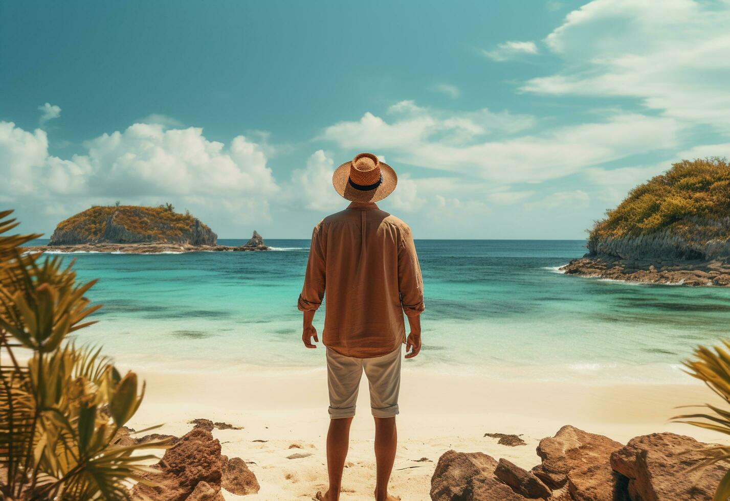 Ai generative back view young tourist man in summer dress and hat standing on beautiful sandy beach. enjoying. photo