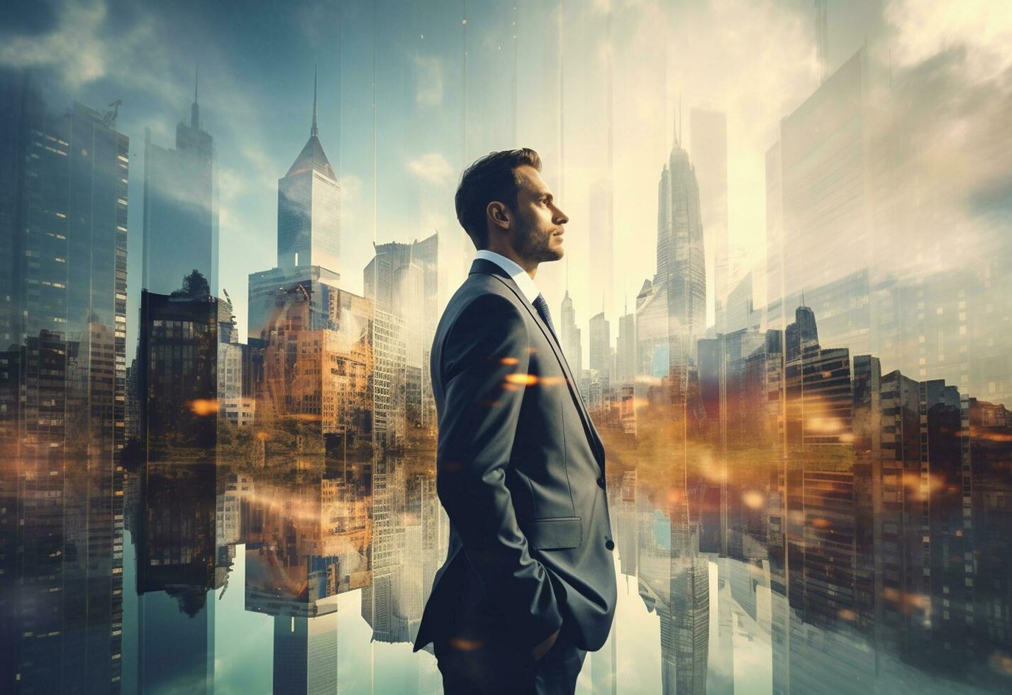 Ai generative A Double Exposure of a Businessman in the Cityscape Embodies Success and Future Plans photo