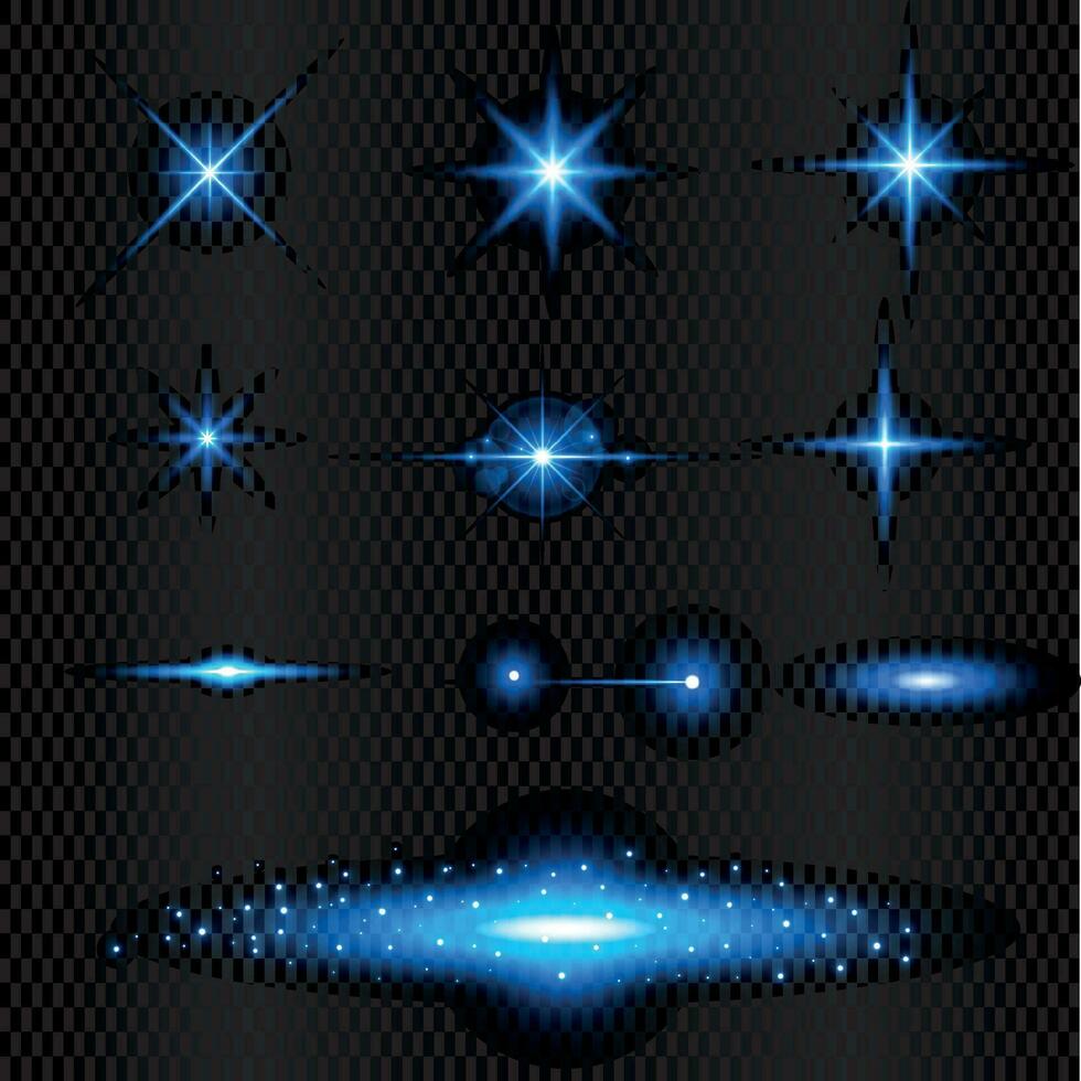 Light effect of lens flares. Shining neon stars isolated on black background. Effects, lens flare, shine, explosion, neon light, set. Shining stars, beautiful blue rays. Vector illustration.