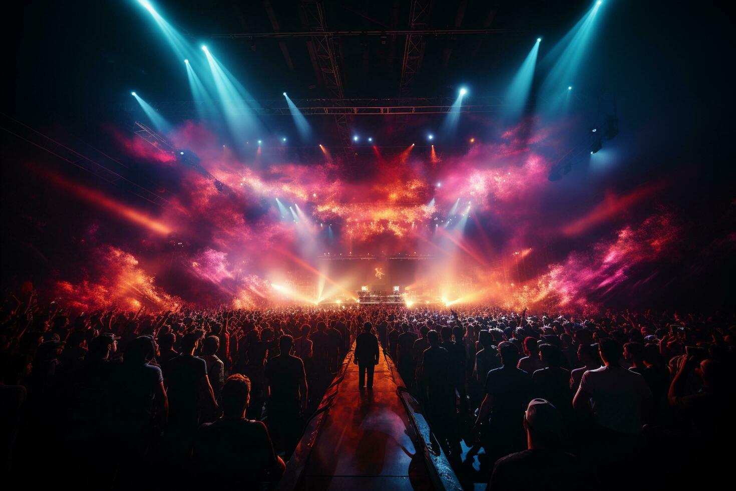 Ai generative Crowded Concert Stage Scenery With Spotlights and Colored Lights realistic image, ultra hd photo