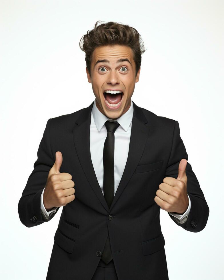 Ai generative photo business concept portrait of excited man dressed in formal wear giving thumbs up