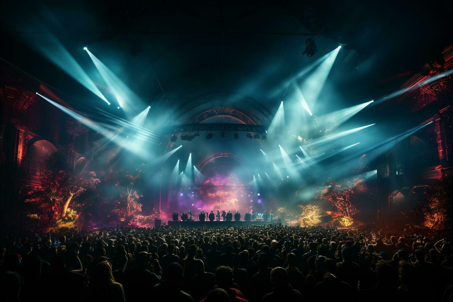 Ai generative Crowded Concert Stage Scenery With Spotlights and Colored Lights realistic image, ultra hd photo