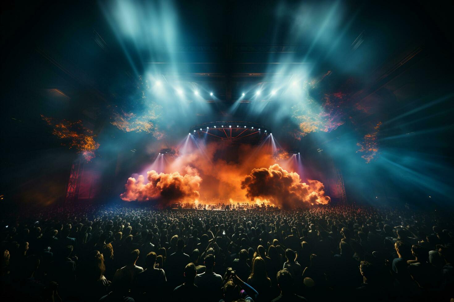 Ai generative Crowded Concert Stage Scenery With Spotlights and Colored Lights realistic image, ultra hd photo