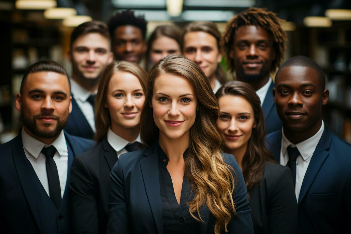 ai generativo grupo de contento negocio hombre y negocio mujer, vestido en trajes son sonriente, en el oficina foto