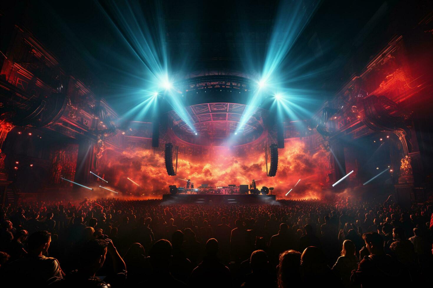 Ai generative Crowded Concert Stage Scenery With Spotlights and Colored Lights realistic image, ultra hd photo