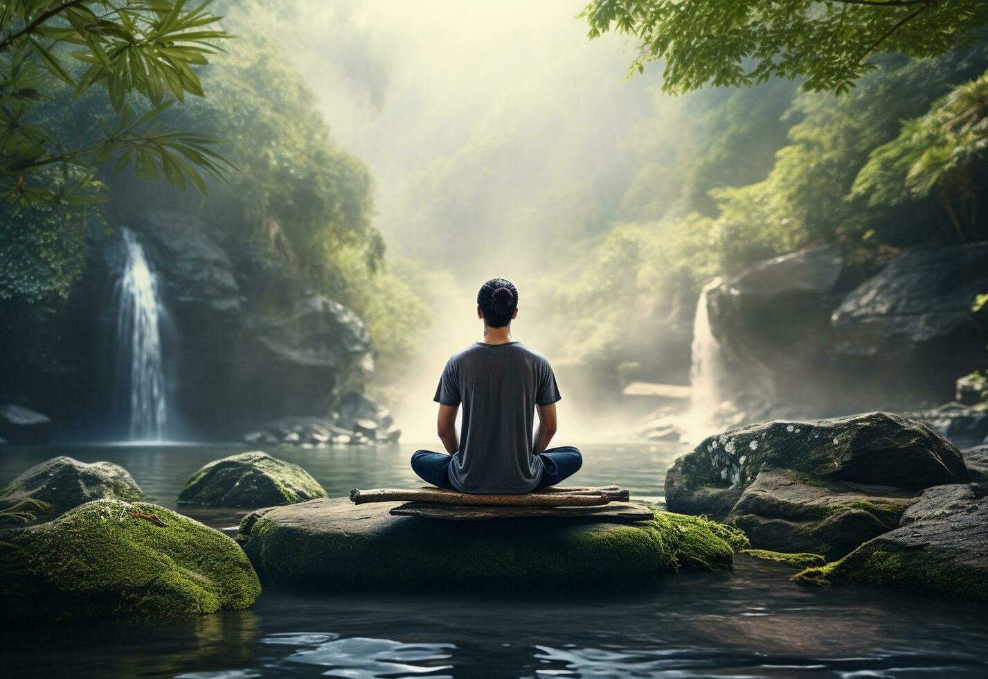 ai generative photo of a man practicing mindfulness and meditation in a peaceful natural environment sony A7s realistic image, ultra hd, high design very detailed