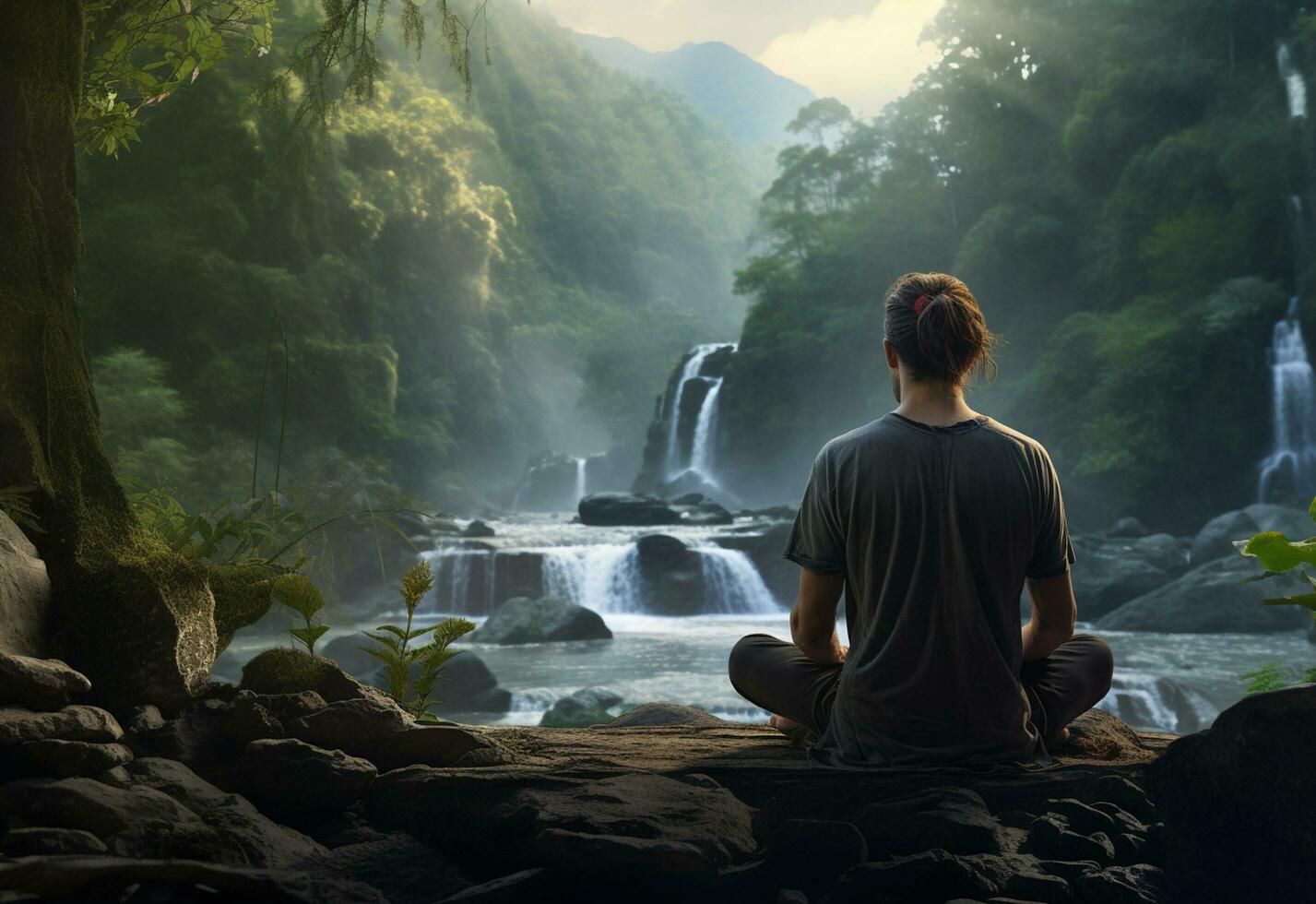 ai generative photo of a man practicing mindfulness and meditation in a peaceful natural environment sony A7s realistic image, ultra hd, high design very detailed