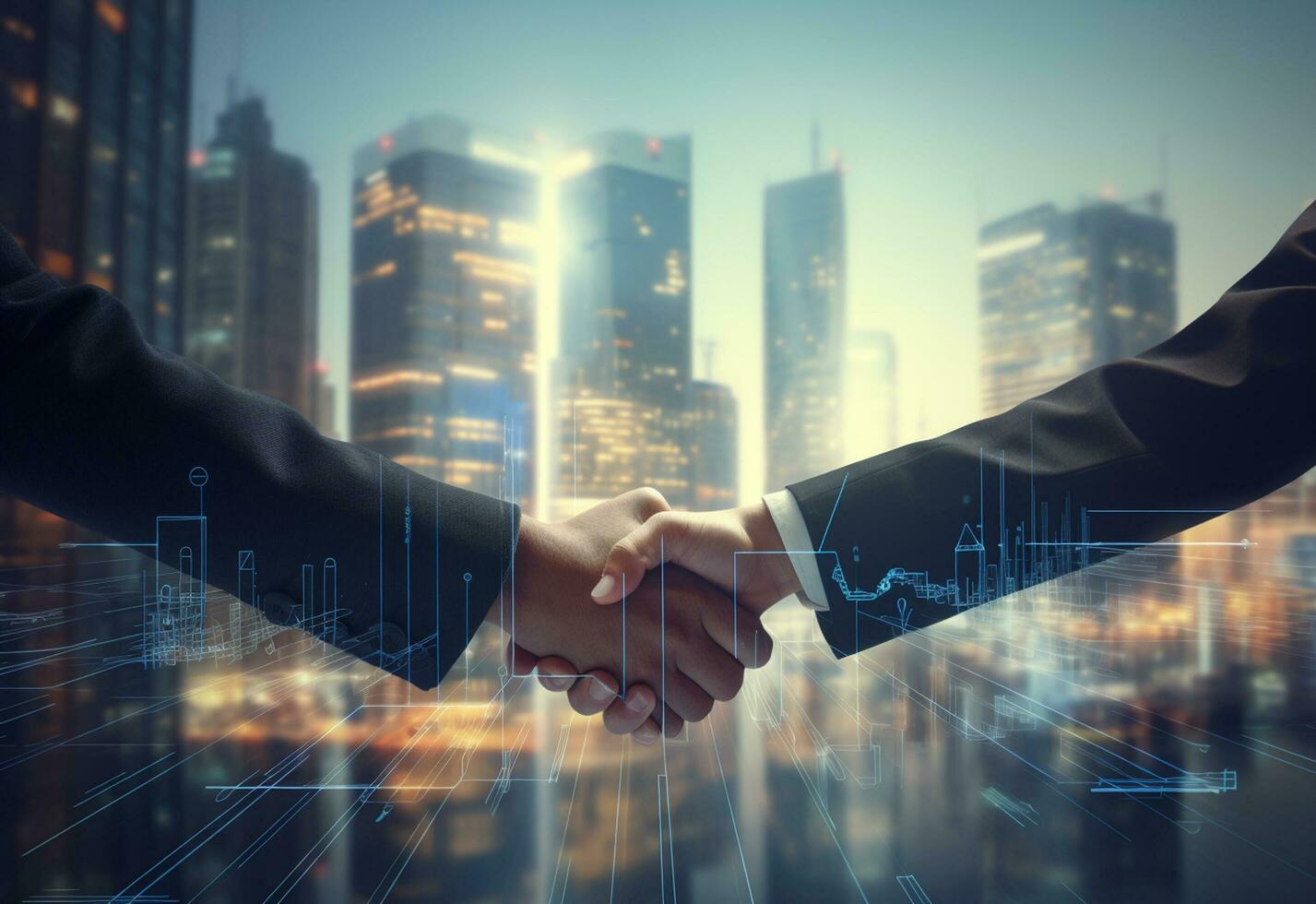 Ai generative photo american business male people shaking hands skyscrapers in the background